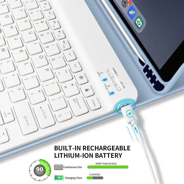 Alt view image 4 of 5 - kenke Keyboard Case for iPad 9.7 inch 2018 (6th Gen) / iPad 2017 (5th Gen) / iPad Air 2/1, Lightweight Smart Cover with Pencil Holder, Magnetically Detachable Wireless Keyboard, Light Blue