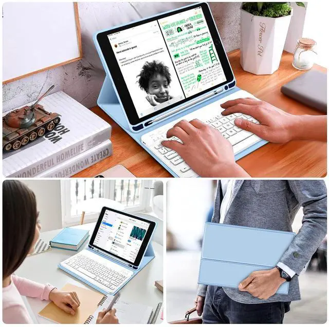 Alt view image 5 of 5 - kenke Keyboard Case for iPad 9.7 inch 2018 (6th Gen) / iPad 2017 (5th Gen) / iPad Air 2/1, Lightweight Smart Cover with Pencil Holder, Magnetically Detachable Wireless Keyboard, Light Blue