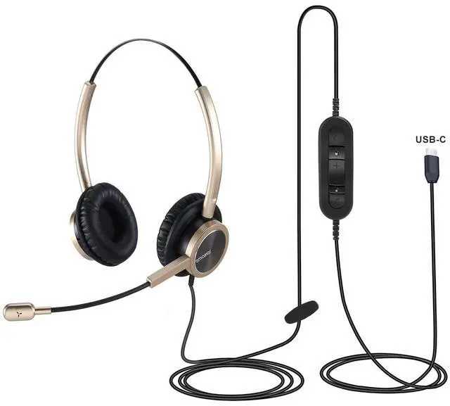 Main image of USB Type C Headphones with Noise Canceling Microphone, USB-C Headset with Mic for PC, Laptop, Lightweight Overhead Gold Headset for Call Center Office, Teams, Zoom, Dragon Dictation, Google Meet