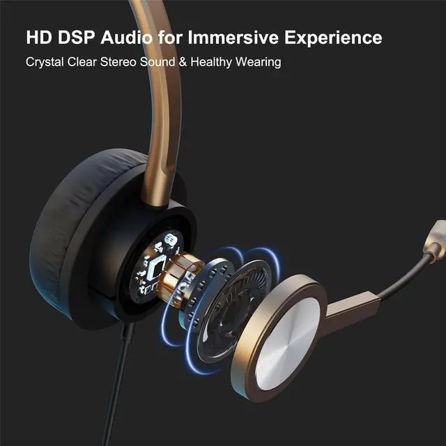 Alt view image 4 of 5 - USB Type C Headphones with Noise Canceling Microphone, USB-C Headset with Mic for PC, Laptop, Lightweight Overhead Gold Headset for Call Center Office, Teams, Zoom, Dragon Dictation, Google Meet