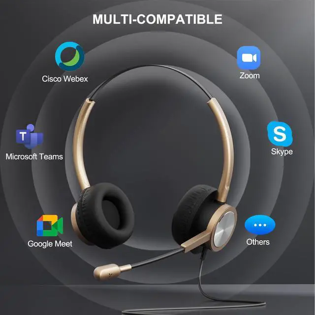 Alt view image 5 of 5 - USB Type C Headphones with Noise Canceling Microphone, USB-C Headset with Mic for PC, Laptop, Lightweight Overhead Gold Headset for Call Center Office, Teams, Zoom, Dragon Dictation, Google Meet
