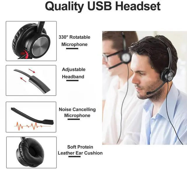 Alt view image 2 of 5 - Wired USB Headphones with Microphone for Laptop, Call Center Headset USB-A for Office, Noise Cancelling Headset for Dragon Dictation, Zoom,Teams Meeting, Google Meet, Skype Call