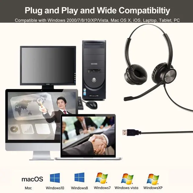 Alt view image 5 of 5 - Wired USB Headphones with Microphone for Laptop, Call Center Headset USB-A for Office, Noise Cancelling Headset for Dragon Dictation, Zoom,Teams Meeting, Google Meet, Skype Call
