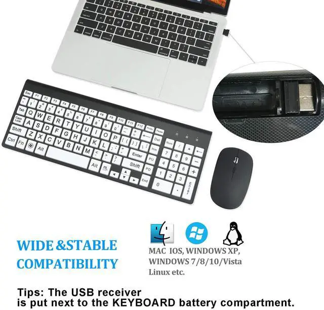 Alt view image 5 of 5 - Full Size Large Print 2.4g Wireless Keyboard and Mouse with Oversized Print for Kids Visually Impaired Low Vision Individuals (Black)