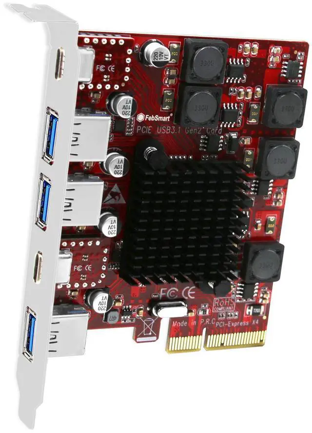 Main image of FebSmart 2X USB-C & 3X USB-A 10Gbps Ports PCIE USB 3.1 GEN2 Card for Windows 11, 10, 8.x, 7(32/64bit), Windows Server, MAC OS and Linux Desktop PCs, Built in Self-Powered Technology (FS-A3C2-Pro)