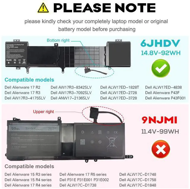 Alt view image 2 of 5 - Fancy Buying 8-Cell 92WH 6JHDV Notebook Battery for Dell Alienware 17 R3 P43F002 R2 P43F001 ALW17ED-1728 2728 3728 3828 4718 4738 AW17R3-3758SLV 7092SLV 4175SLV 8342SLV 1675SLV 6JHCY 5046J YKWXX