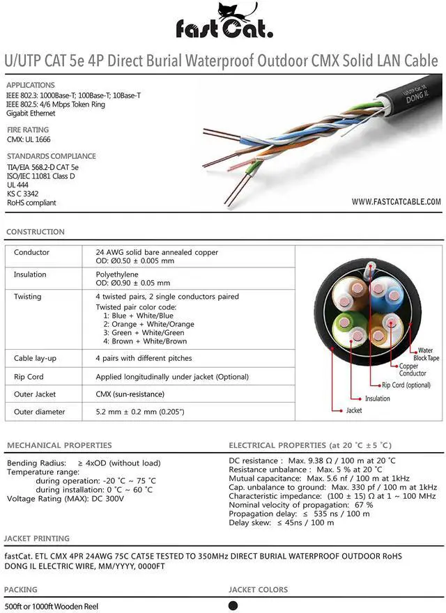 Alt view image 2 of 5 - fast Cat. Cat5e Outdoor 500ft, Waterproof Direct Burial Rated CMX, 24AWG Solid Bare Copper, 350MHz, PoE++ (4PPoE), UL Listed, Unshielded UTP, Direct Burial Cat5e Bulk Ethernet Cable - Black