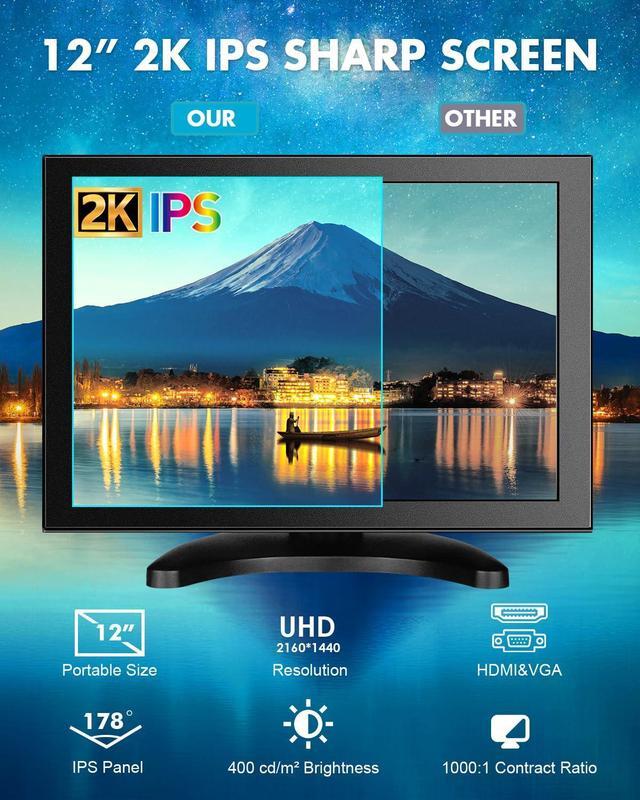 Alt view image 2 of 5 - Eyoyo 2K Small Monitor 12 Inch QHD 2160x1440, Thin IPS HDMI Screen CCTV Security Monitors VGA Portable Monitor for Laptop PC Computer PS4 PS5 Switch 4B/3B+/3B Windows 7/8/10
