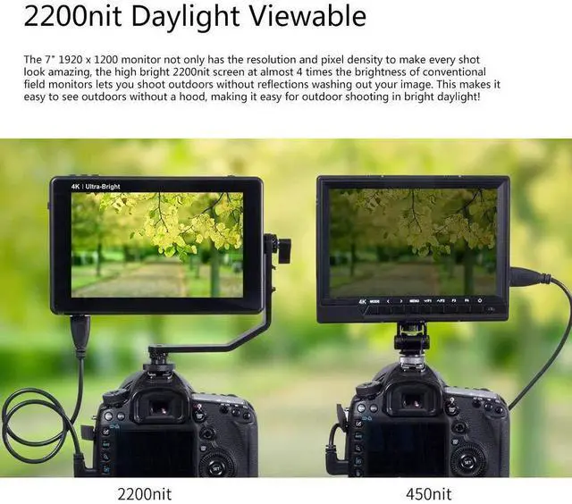 Alt view image 2 of 5 - On-Camera Video Field Monitor, 7 Inch IPS 3G-SDI 4K Full High Definition 1920x1200 DSLR Monitor, 2200nits 3D LUT Touching Screen with Swivel Arm for Mirrorless Camera, Camcorder, Video Camera
