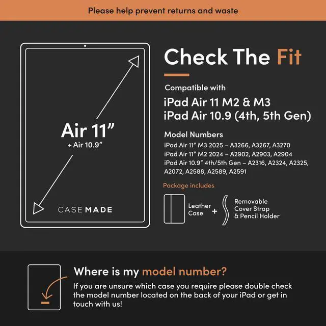 Alt view image 2 of 5 - Casemade Real Leather Case Compatible with iPad Air 11-inch M3 (2025) / M2 (2024), iPad Air 5th/4th Generation 10.9'' - Full-Grain Leather Cover, Auto Sleep/Wake, Dual Stand Position (Black)