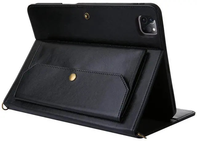 Alt view image 3 of 5 - JH 2020/2021 iPad Pro 11 Leather Case,iPad Pro 11 Case with Pencil Holder,Money Pocket, Shoulder/Hand Strap, Kickstand, Flip Cover with Auto Sleep/Wake (Black, 11 inch 006)