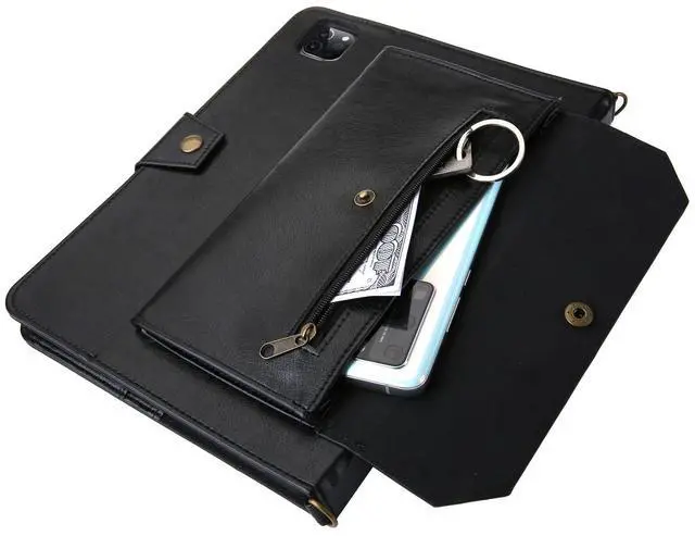 Alt view image 4 of 5 - JH 2020/2021 iPad Pro 11 Leather Case,iPad Pro 11 Case with Pencil Holder,Money Pocket, Shoulder/Hand Strap, Kickstand, Flip Cover with Auto Sleep/Wake (Black, 11 inch 006)