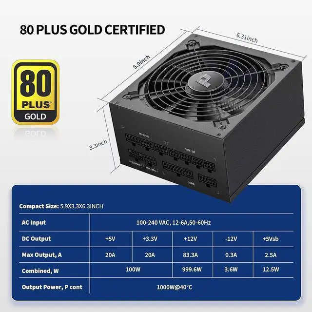 Alt view image 2 of 5 - Pystar 1000W Power Supply 80+ Gold Full Modular PSU, ATX 3.0 & PCIE 5.0, ES1000