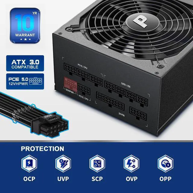 Alt view image 3 of 5 - Pystar 1000W Power Supply 80+ Gold Full Modular PSU, ATX 3.0 & PCIE 5.0, ES1000
