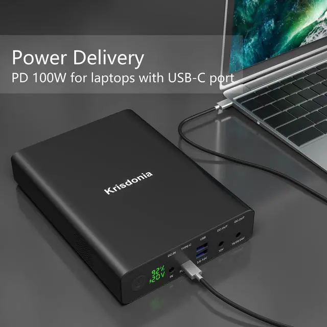 Alt view image 2 of 5 - Krisdonia 100W USB-C PD Power Bank, 64000mAh Portable Charger Battery Pack [PD 3.0 USB-C 100W + DC 12/16/20/24V + Quick Charge QC 3.0 Dual Ports] for Laptop, Tablet, Smartphone, Projector and More