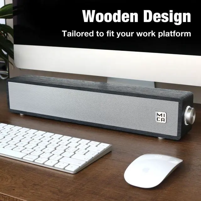 Alt view image 2 of 5 - MICA Computer Speakers, Wired Computer Sound Bar, Wooden Mini Soundbar, USB Powered PC Speakers 3.5mm AUX & PC Input (Black)