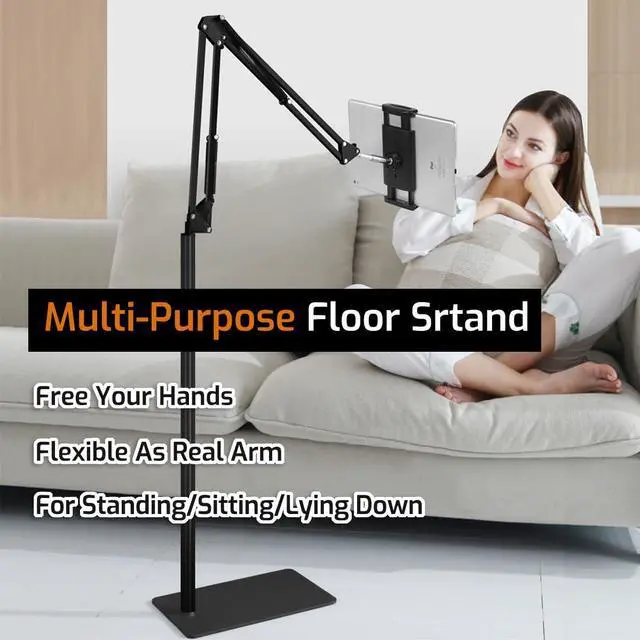 Alt view image 2 of 5 - pemsem Tablet Floor Stand for Phone Tablet, 360° Swivel Boom Arm Overhead Phone Mount, Compatible with iPad Pro 12.9 Samsung Galaxy Tab for Live Streaming Online Classes