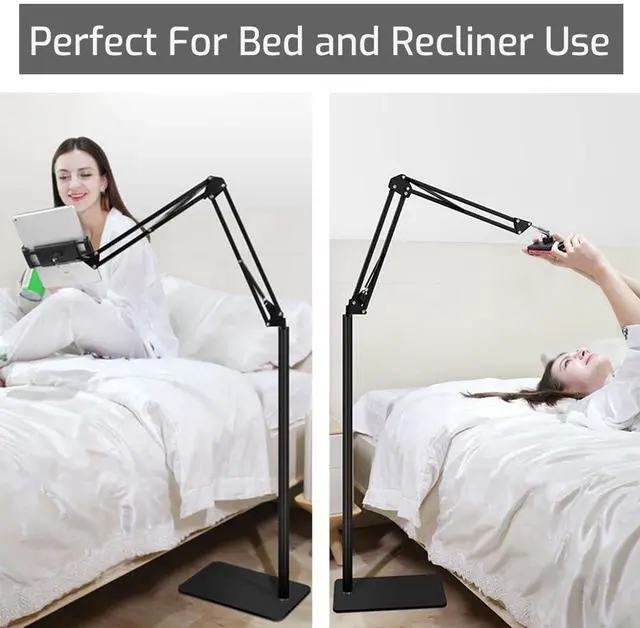 Alt view image 4 of 5 - pemsem Tablet Floor Stand for Phone Tablet, 360° Swivel Boom Arm Overhead Phone Mount, Compatible with iPad Pro 12.9 Samsung Galaxy Tab for Live Streaming Online Classes