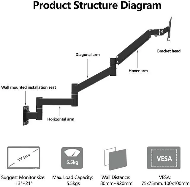 Alt view image 3 of 5 - NBGYS Adjustable TV Wall Mount Bracket with Extended Arm, Ideal for 17-21 Inch Screens, VESA 75x75mm, 100x100mm, Perfect for Bedroom or Workspace, Swivel Design, Holds up to 5.5kgs