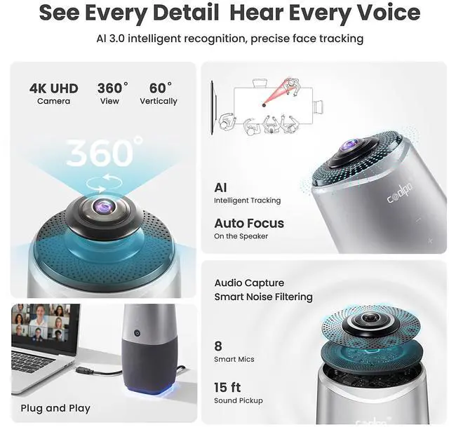 Alt view image 2 of 5 - COOLPO Camera 360, 4K Video Conference Room Camera System, Webcam, AI Driven Speaker Tracking, Noise Cancellation, Works with Zoom, Google Meet, Teams and More, 15 ft Mic Pickup, PANA 5ft USB Cable