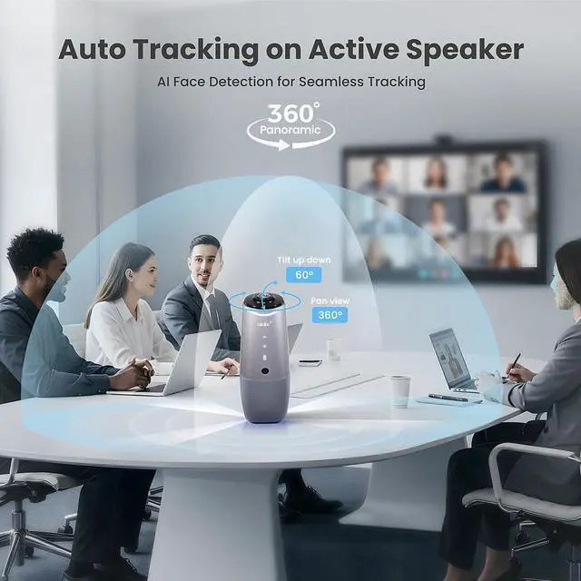 Alt view image 4 of 5 - COOLPO Camera 360, 4K Video Conference Room Camera System, Webcam, AI Driven Speaker Tracking, Noise Cancellation, Works with Zoom, Google Meet, Teams and More, 15 ft Mic Pickup, PANA 5ft USB Cable