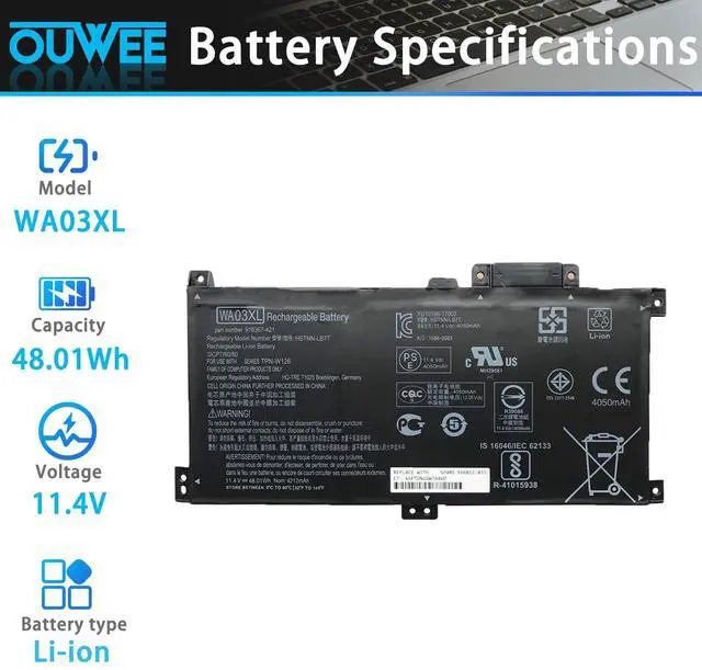 Alt view image 2 of 5 - OUWEE WA03XL Laptop Battery Compatible with HP Pavilion X360 14-BA 15-BK 15-BR 15-BR001TX Series HSTNN-LB7T HSTNN-UB7H TPN-W126 916367-541 916367-421 916812-055 916812-855 WAO3XL 11.4V 48.01Wh