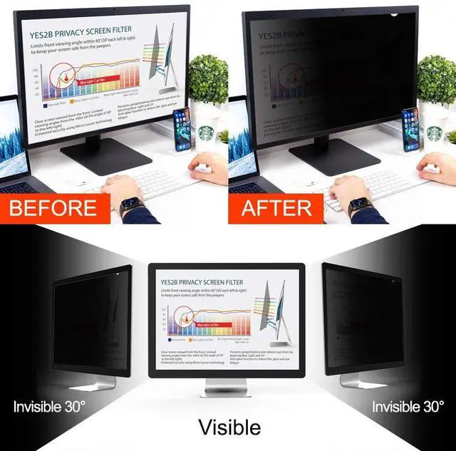 Alt view image 2 of 5 - YES2B 23.8 Inch Monitor Privacy Screen Filter for 16:9 Widescreen Display - Computer, Monitor, Desktop PC, Anti Spy, Blue Light Blocking and Anti Glare Protector, Anti-Peeping Shield, Made in Korea