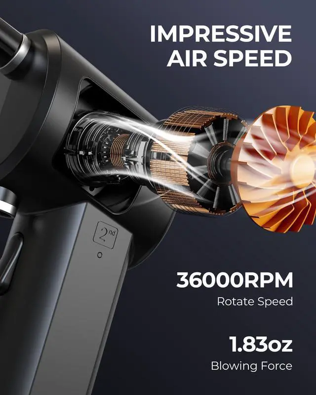 Alt view image 2 of 5 - Koonie Cordless Air Duster, Battery Operated Computer Cleaning Duster, Portable Replaces Compressed Air Cans, 8000mAh 10W Fast Charging Air Blower, No Gas for Computer Keyboard, Car, Pet House