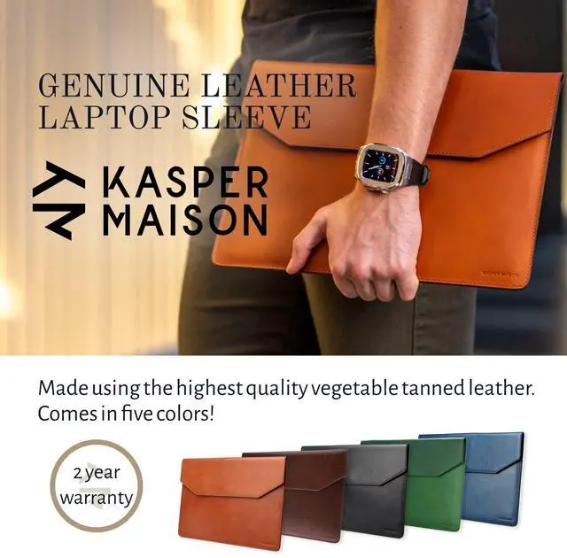 Alt view image 2 of 5 - Kasper Maison Premium 14 inch Genuine Leather Laptop Sleeve Case - Compatible with MacBook Air M3/M2 (2023-2024) & MacBook Pro M4/M3/M2/M1 (2021-2024), HP Envy x360 Sleeve - Blue