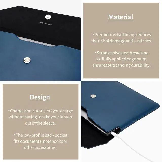 Alt view image 3 of 5 - Kasper Maison Premium 14 inch Genuine Leather Laptop Sleeve Case - Compatible with MacBook Air M3/M2 (2023-2024) & MacBook Pro M4/M3/M2/M1 (2021-2024), HP Envy x360 Sleeve - Blue