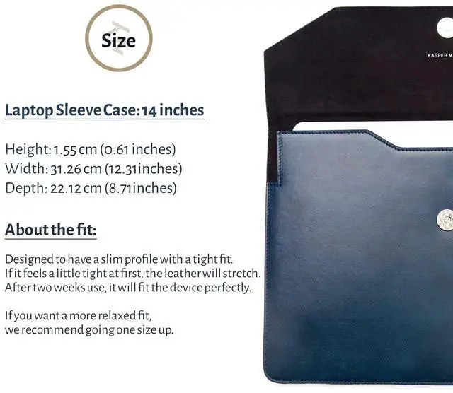 Alt view image 4 of 5 - Kasper Maison Premium 14 inch Genuine Leather Laptop Sleeve Case - Compatible with MacBook Air M3/M2 (2023-2024) & MacBook Pro M4/M3/M2/M1 (2021-2024), HP Envy x360 Sleeve - Blue
