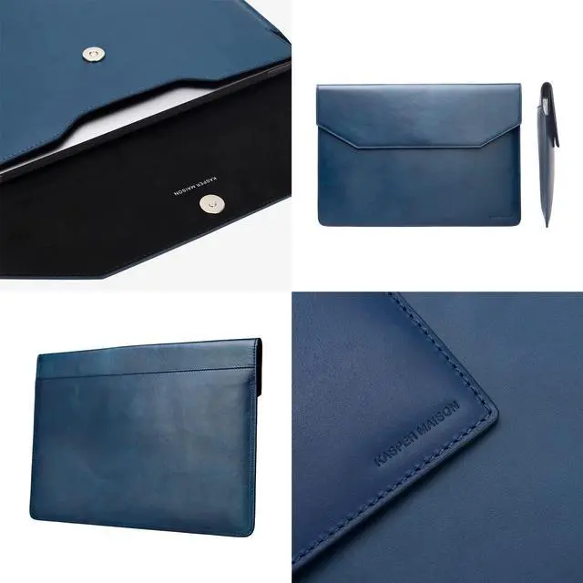 Alt view image 5 of 5 - Kasper Maison Premium 14 inch Genuine Leather Laptop Sleeve Case - Compatible with MacBook Air M3/M2 (2023-2024) & MacBook Pro M4/M3/M2/M1 (2021-2024), HP Envy x360 Sleeve - Blue