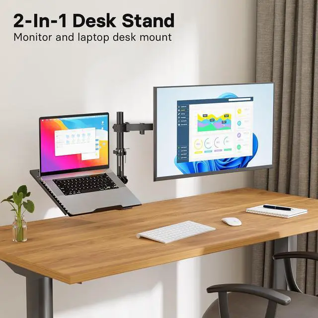Alt view image 2 of 5 - Redbat Monitor and Laptop Mount Stand, Fully Adjustable Monitor Arm with Vented Tray for 13" to 32" LCD Screens and Notebook up to 16", Holds up to 22lbs, VESA Compatible, Dual Mounting Options