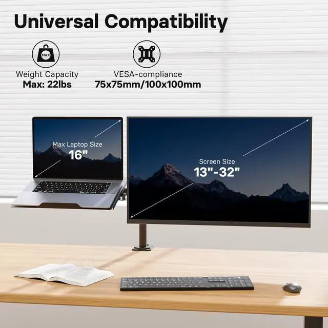 Alt view image 3 of 5 - Redbat Monitor and Laptop Mount Stand, Fully Adjustable Monitor Arm with Vented Tray for 13" to 32" LCD Screens and Notebook up to 16", Holds up to 22lbs, VESA Compatible, Dual Mounting Options