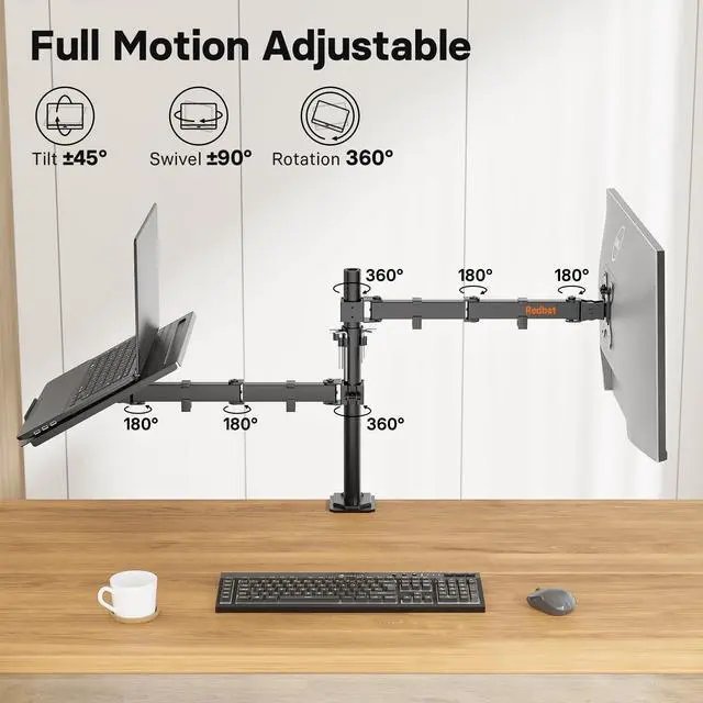 Alt view image 4 of 5 - Redbat Monitor and Laptop Mount Stand, Fully Adjustable Monitor Arm with Vented Tray for 13" to 32" LCD Screens and Notebook up to 16", Holds up to 22lbs, VESA Compatible, Dual Mounting Options