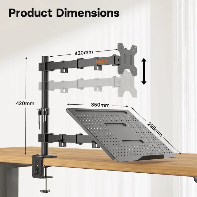 Alt view image 5 of 5 - Redbat Monitor and Laptop Mount Stand, Fully Adjustable Monitor Arm with Vented Tray for 13" to 32" LCD Screens and Notebook up to 16", Holds up to 22lbs, VESA Compatible, Dual Mounting Options