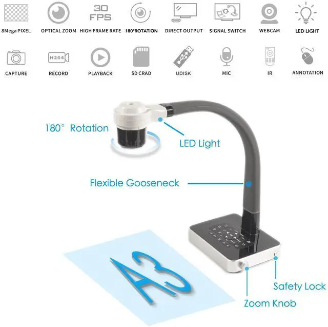 Alt view image 2 of 5 - IBZ800 4k Ultra HD Document Camera with 10x Optical Zoom, Autofocus, LED Light, VGA/HDMI/USB, 8MP Professional Visual Communication Tool of Real-time Projection, Compact for Teachers in Classroom