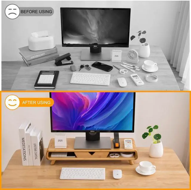 Alt view image 2 of 5 - Homerays Bamboo Monitor Stand Riser, No Assembly Required Exquisite Monitor Stand with Drawer Ergonomic Height Wood Monitor Stand