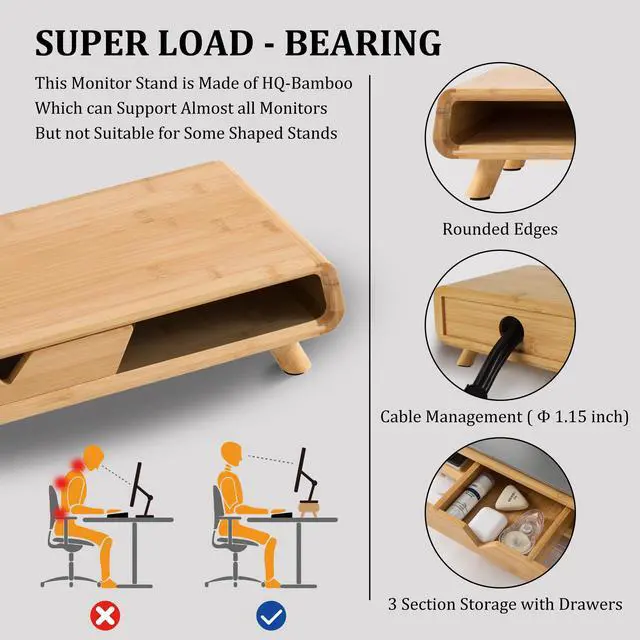 Alt view image 3 of 5 - Homerays Bamboo Monitor Stand Riser, No Assembly Required Exquisite Monitor Stand with Drawer Ergonomic Height Wood Monitor Stand