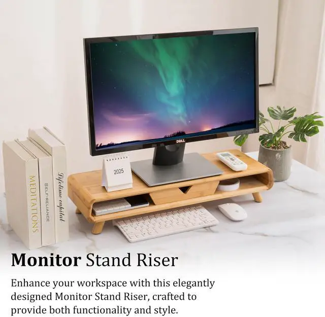 Alt view image 5 of 5 - Homerays Bamboo Monitor Stand Riser, No Assembly Required Exquisite Monitor Stand with Drawer Ergonomic Height Wood Monitor Stand