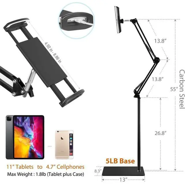 Alt view image 3 of 5 - Tablet Floor Stand, Overhead Bed Phone Stand Angle Height Adjustable Holder, Universal Floor Stand Compatible with iPhone iPad Pro Air Mini, Samsung Tab, Kindle, E-Readers