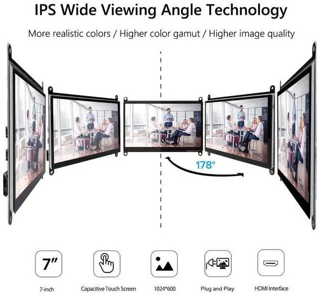 Alt view image 2 of 5 - 7 Inch Touch Screen Monitor for Raspberry Pi, Portable IPS Display HDMI 1024 * 600 Touchscreen with Acrylic Case, Second Monitor for Gaming Consoles/PC/Camera/Win OS