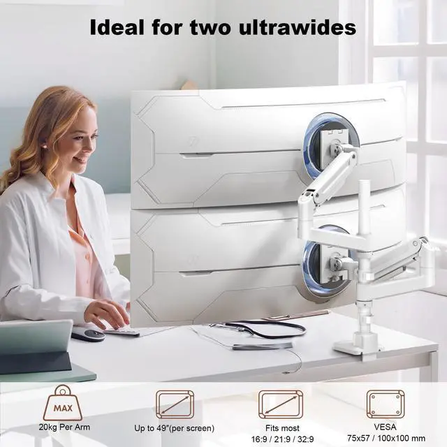 Alt view image 2 of 5 - Dual Monitor-Arm Heavy-Duty for 17-49-inch Screens - Vertical Stacked Dual Monitor Mount Stand for Ultrawide Screens up to 44lbs, Aluminum,Full Motion, VESA 75/100 mm, White