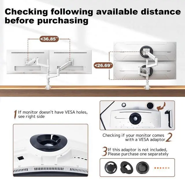 Alt view image 3 of 5 - Dual Monitor-Arm Heavy-Duty for 17-49-inch Screens - Vertical Stacked Dual Monitor Mount Stand for Ultrawide Screens up to 44lbs, Aluminum,Full Motion, VESA 75/100 mm, White