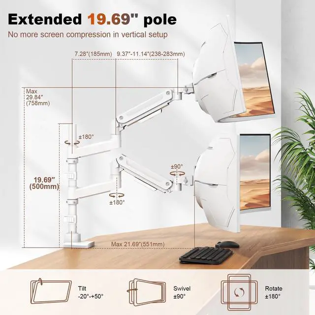 Alt view image 4 of 5 - Dual Monitor-Arm Heavy-Duty for 17-49-inch Screens - Vertical Stacked Dual Monitor Mount Stand for Ultrawide Screens up to 44lbs, Aluminum,Full Motion, VESA 75/100 mm, White