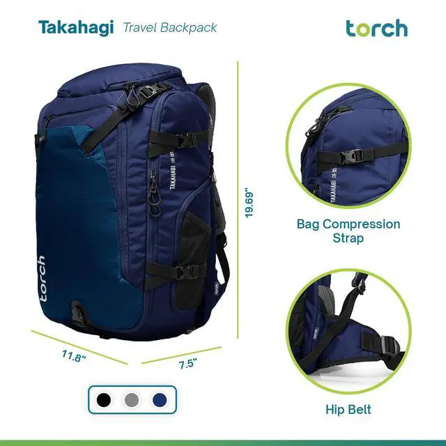 Alt view image 4 of 5 - torch Travel Backpack 40L  TSA Friendly Flight Approved, Carry-On Waterproof Hiking Daypack with Rain Cover  Lightweight Rucksack for Camping, Trekking, Outdoor Adventures  Takahagi(Blue)