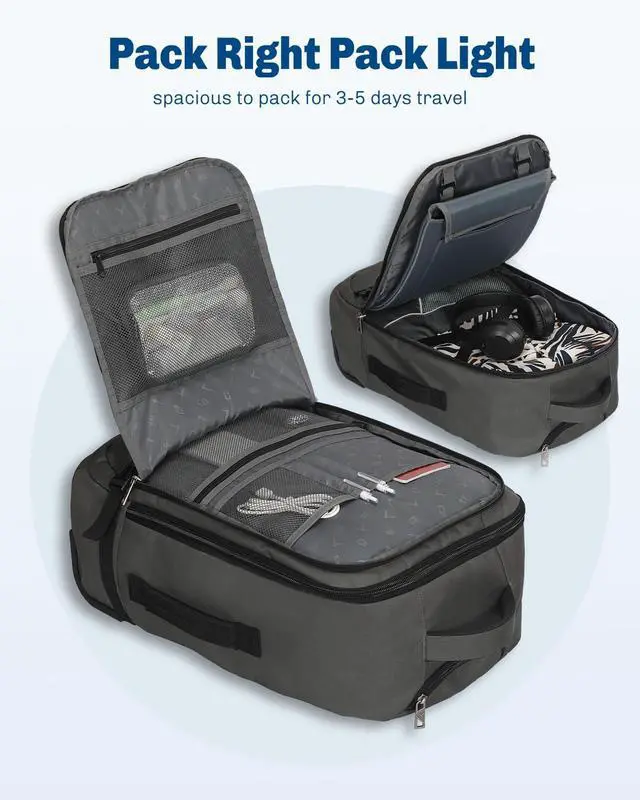 Alt view image 3 of 5 - Hynes Eagle Rolling Backpack 42L Backpack with Wheels Airline Approved Carry on Luggage Laptop Travel Suitcase Bag for Women Men Dark Grey