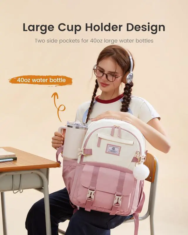 Alt view image 4 of 5 - LOVEVOOK Pink Cute School Backpacks for Girls, Back to School Bookbag for Girls 10-12, Lightweight Backpack for Middle School Teens Students with Large Cup Holder, Fits 15.6" Laptop