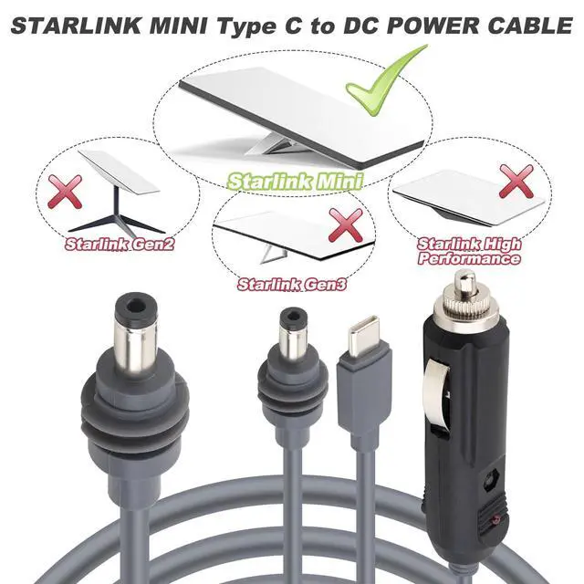 Alt view image 4 of 5 - Lonlonty Starlink Mini 3 in 1 DC Power Cable 10FT, 100W+ USB C 12-24V Cigarette Lighter Plug and DC Male Power Cable Cord for Starlink Mini, 18AWG Waterproof Work with 65W+ PD Supply