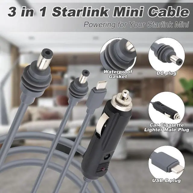 Alt view image 2 of 5 - Lonlonty Starlink Mini 3 in 1 DC Power Cable 10FT, 100W+ USB C 12-24V Cigarette Lighter Plug and DC Male Power Cable Cord for Starlink Mini, 18AWG Waterproof Work with 65W+ PD Supply